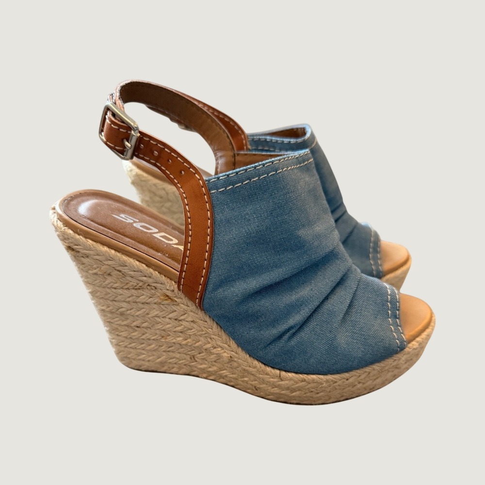 Denim Wedge Soda Women Espadrille Wedge Sandals Blue Ruched Slingback Size 5.5